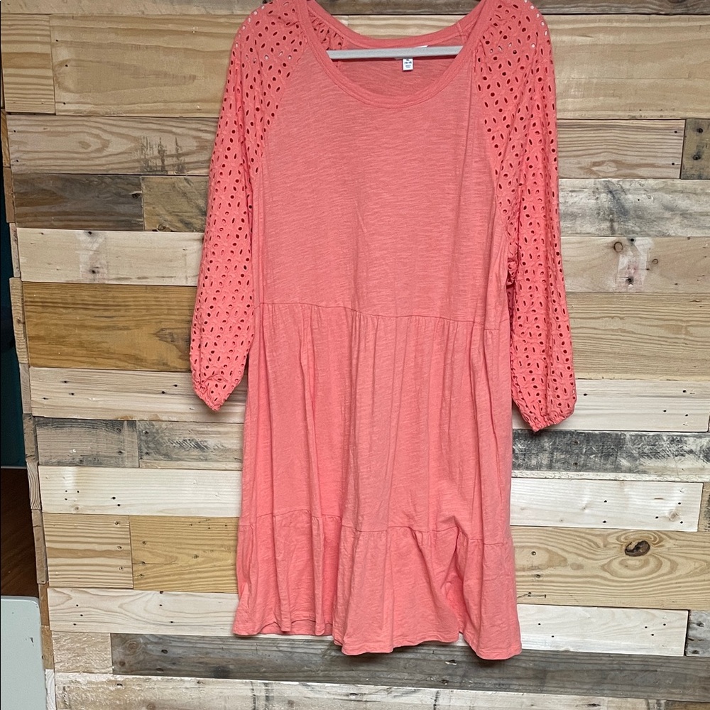 Time and Tru size XL (16-18) Coral Color Crew Neck Long Eyelet Sleeves Dress